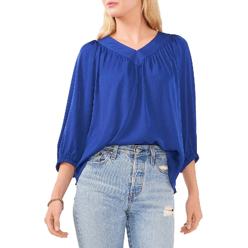 Womens Shirring V-Neck Blouse Embroidered Floral Blouse