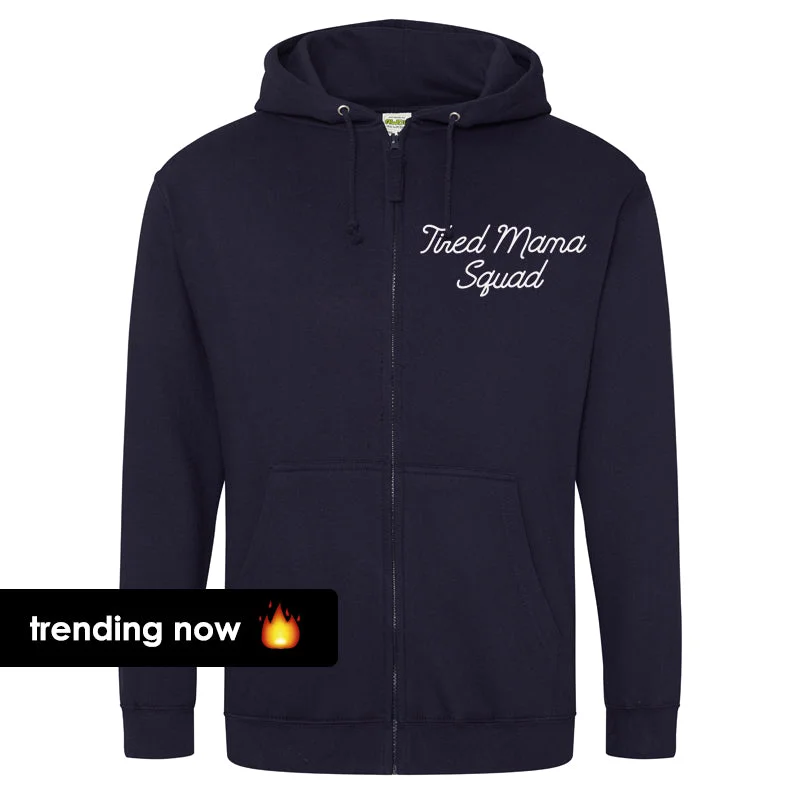 Tired Mama Squad Mini Logo Zipped Hoodie (MRK X) Hoodie with Hem Ribbing Snug Secure Tired Mama Squad Mini Logo Zipped Hoodie (MRK X) Hoodie with Hem Ribbing Snug Secure