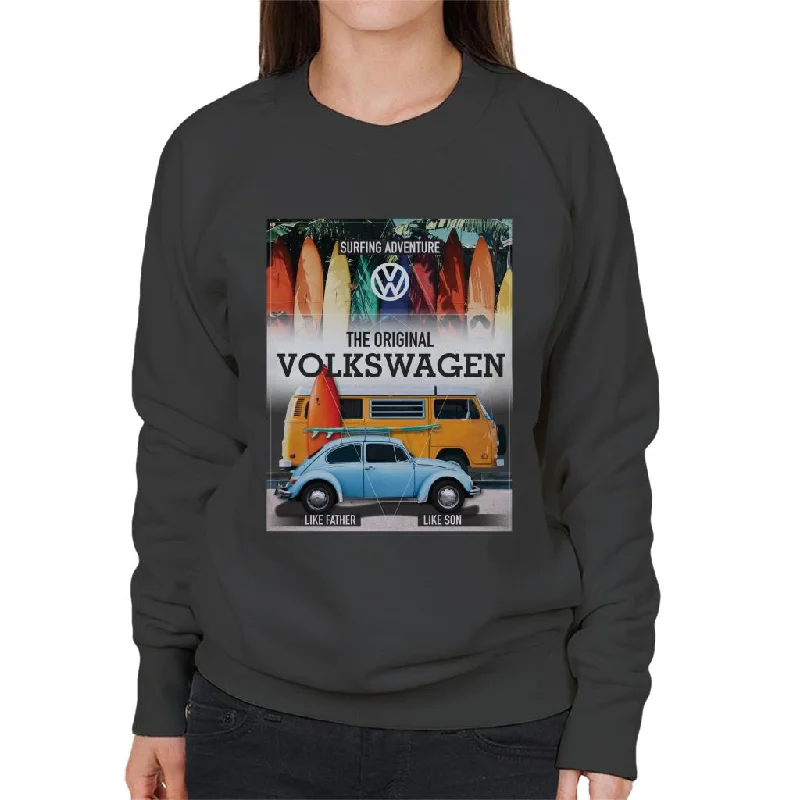Volkswagen Beetle & Camper Surfing Adventure Women's Sweatshirt Hoodie with Hem Embroidery Detailed Premium Volkswagen Beetle & Camper Surfing Adventure Women's Sweatshirt Hoodie with Hem Embroidery Detailed Premium