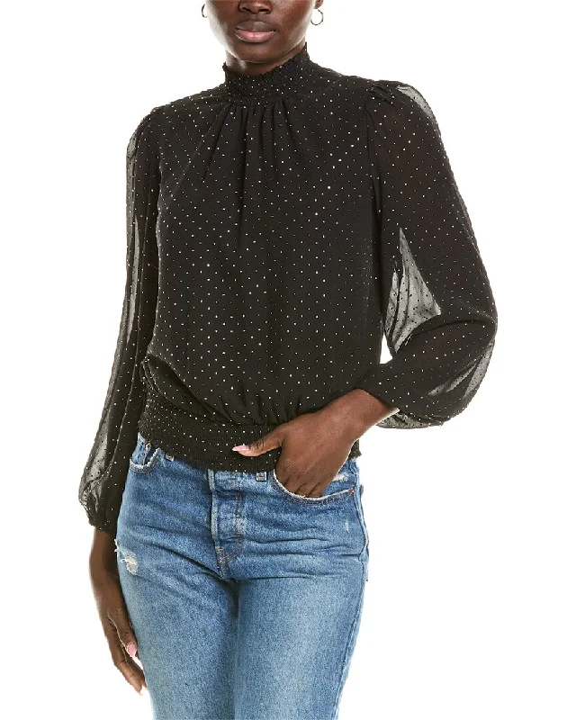 1.State Mock Neck Open Back Blouse Textured Cotton Blouse
