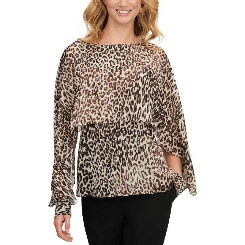 Petites Womens Metallic Animal Print Blouse Short Sleeve Blouse