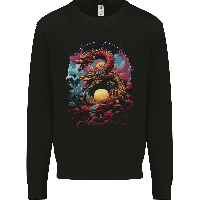 2 Sunset Fantasy Dragons Mens Sweatshirt Jumper Hoodie with Hem Fringe Bohemian Relaxed 2 Sunset Fantasy Dragons Mens Sweatshirt Jumper Hoodie with Hem Fringe Bohemian Relaxed
