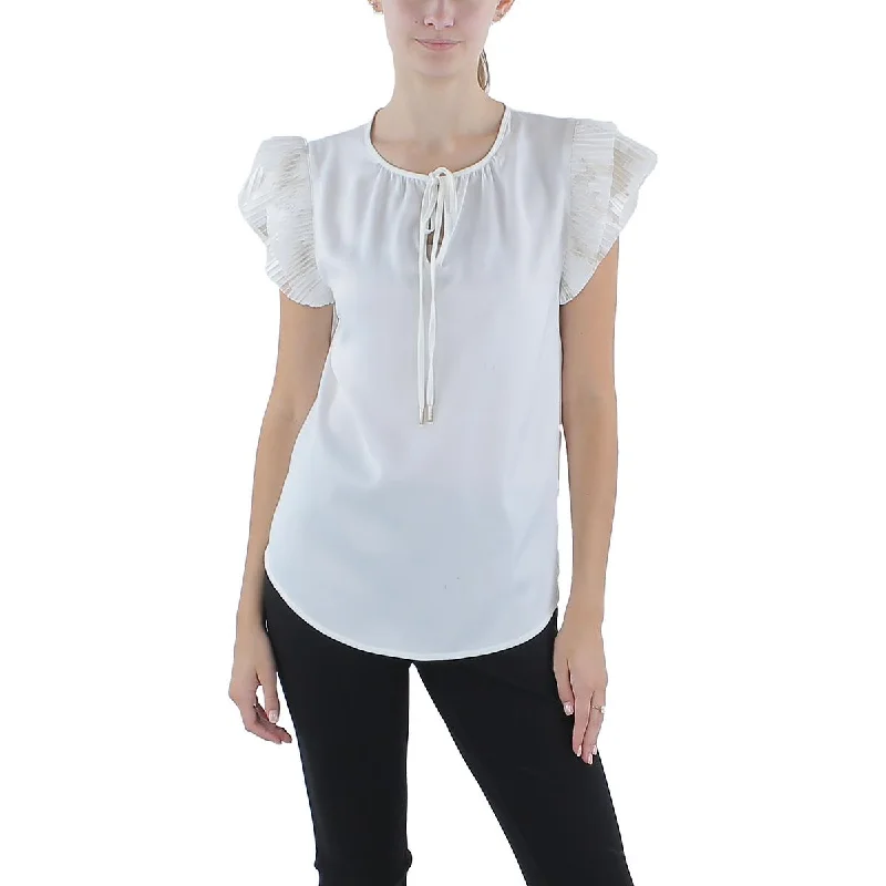 Womens Lace Sleeve Tie Neck Blouse Peter Pan Blouse