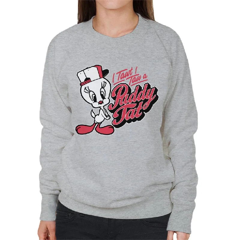 Looney Tunes Tweety Baseball Puddy Tat Women's Sweatshirt Hoodie with Hem Frayed Vintage Worn Looney Tunes Tweety Baseball Puddy Tat Women's Sweatshirt Hoodie with Hem Frayed Vintage Worn