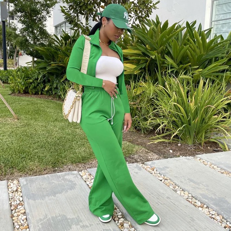 Wholesale open navel wide leg pants casual coat sports two-piece suit 2PC（CL9359） Fashionable Track Pants