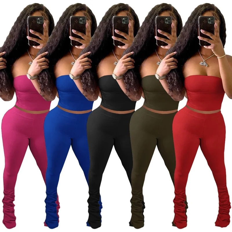 Wholesale cotton fabric chest wrapped long bottom pleated Pants Set 2PC（CL9216） Fashionable Work Pants