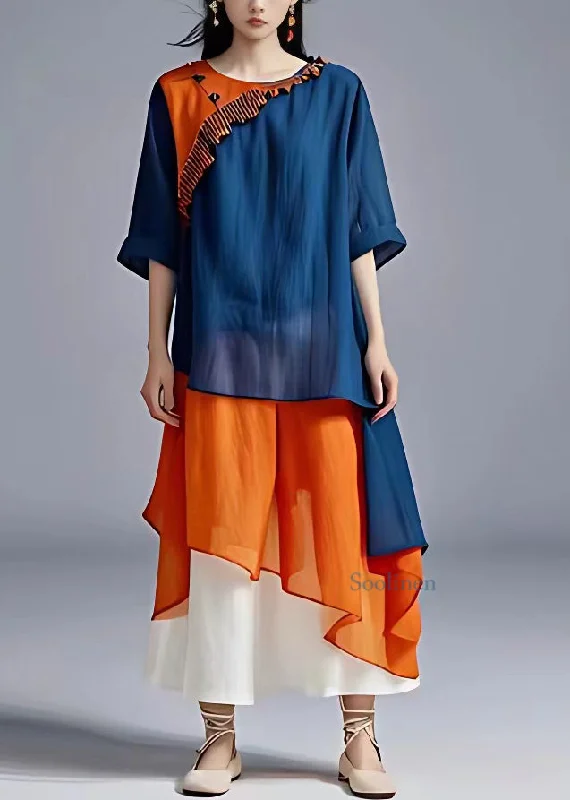 Loose Blue O-Neck Patchwork Chiffon Long Dress Summer