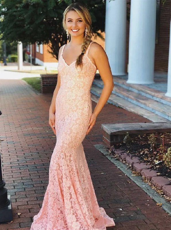 Mermaid V-neck Sleeveless Pink Lace Backless Prom Dresses With Beaded, TYP1526