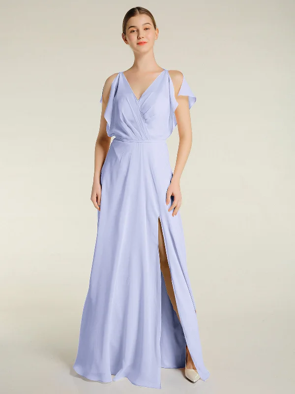 V Neckline Chiffon Maxi Dresses with Slit Lavender Elegant Silk Maxi Dress