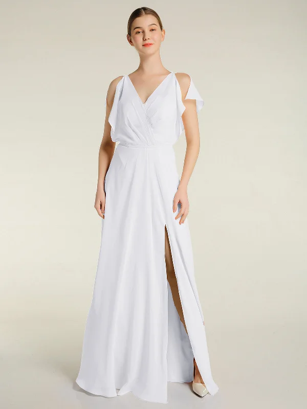 V Neckline Chiffon Maxi Dresses with Slit White Comfortable Fit-and-Flare Maxi Dress V Neckline Chiffon Maxi Dresses with Slit White Comfortable Fit-and-Flare Maxi Dress