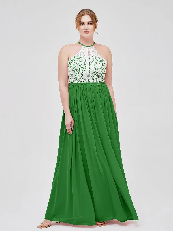 Halter Maxi Dress with Ivory Lace Bodice-Green Elegant Maxi Dress with Lace