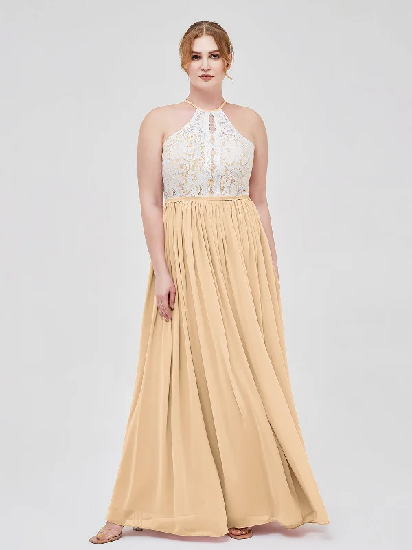 Halter Maxi Dress with Ivory Lace Bodice-Peach Trendy Off-Shoulder Ruffle Maxi Dress Halter Maxi Dress with Ivory Lace Bodice-Peach Trendy Off-Shoulder Ruffle Maxi Dress