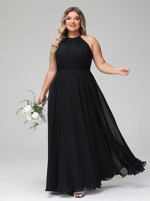 Halter Neck Chiffon Maxi Dress with Circle Skirt-Black Plus Size Comfortable Pleated Maxi Dress Halter Neck Chiffon Maxi Dress with Circle Skirt-Black Plus Size Comfortable Pleated Maxi Dress