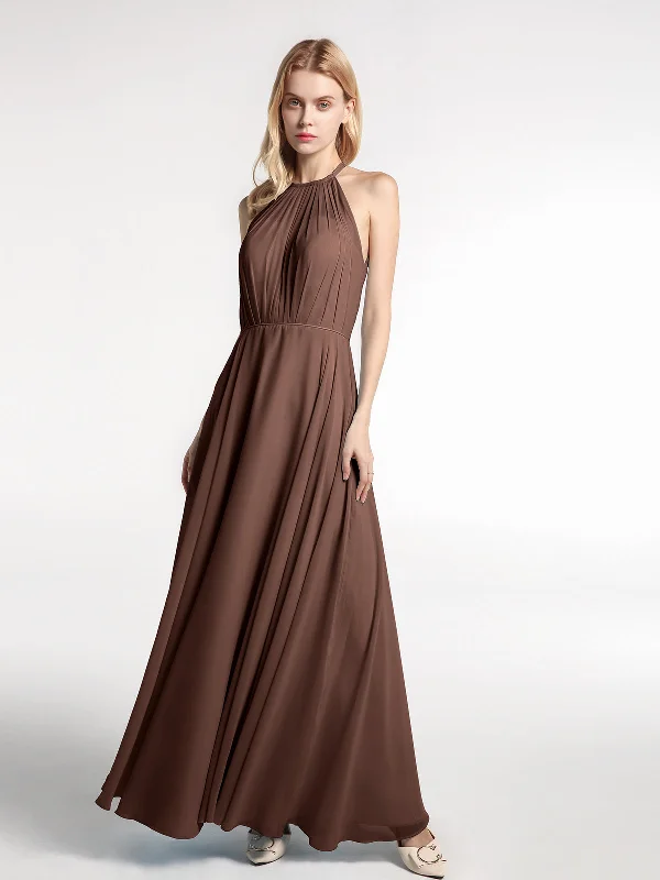 Halter Neck Chiffon Maxi Dress with Circle Skirt-Chocolate Trendy Printed Maxi Dress Halter Neck Chiffon Maxi Dress with Circle Skirt-Chocolate Trendy Printed Maxi Dress
