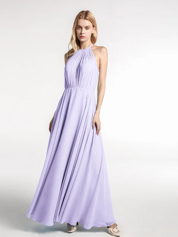 Halter Neck Chiffon Maxi Dress with Circle Skirt-Lilac Stylish Longline Maxi Dress