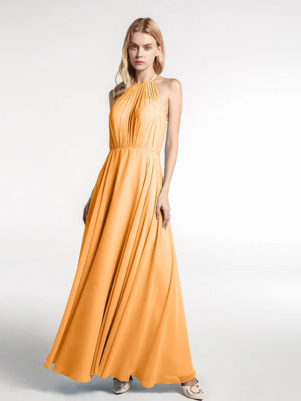 Halter Neck Chiffon Maxi Dress with Circle Skirt-Tangerine Stylish Maxi Dress with Frills Halter Neck Chiffon Maxi Dress with Circle Skirt-Tangerine Stylish Maxi Dress with Frills