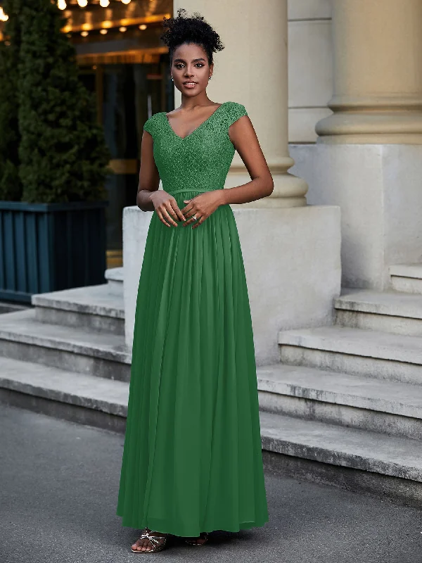 Lace and Chiffon Maxi Dress with Cap Sleeves-Emerald Comfortable Pleated Maxi Dress