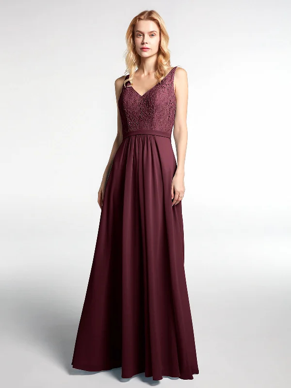 Lace Bodice Chiffon Skirt Maxi Dress with V-neck-Cabernet Chic Sleeveless Maxi Dress Lace Bodice Chiffon Skirt Maxi Dress with V-neck-Cabernet Chic Sleeveless Maxi Dress