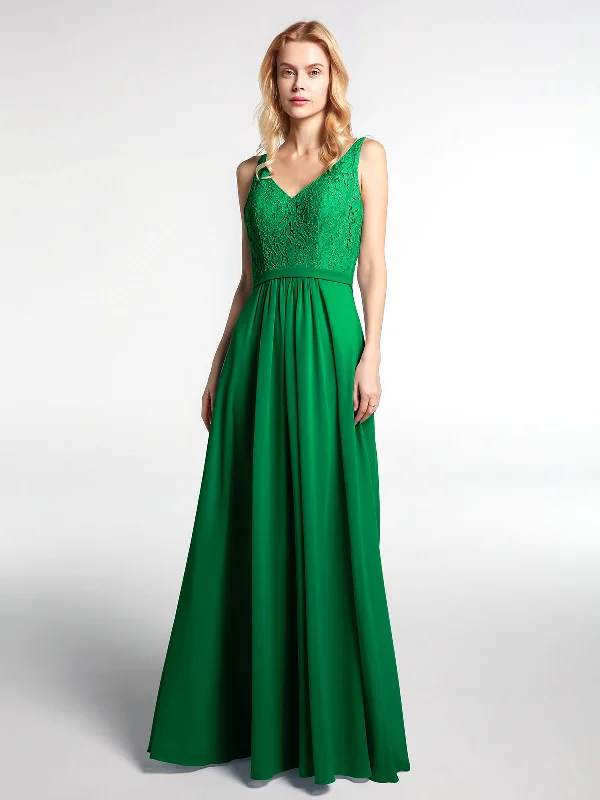 Lace Bodice Chiffon Skirt Maxi Dress with V-neck-Emerald Trendy Fit-and-Flare Maxi Dress Lace Bodice Chiffon Skirt Maxi Dress with V-neck-Emerald Trendy Fit-and-Flare Maxi Dress