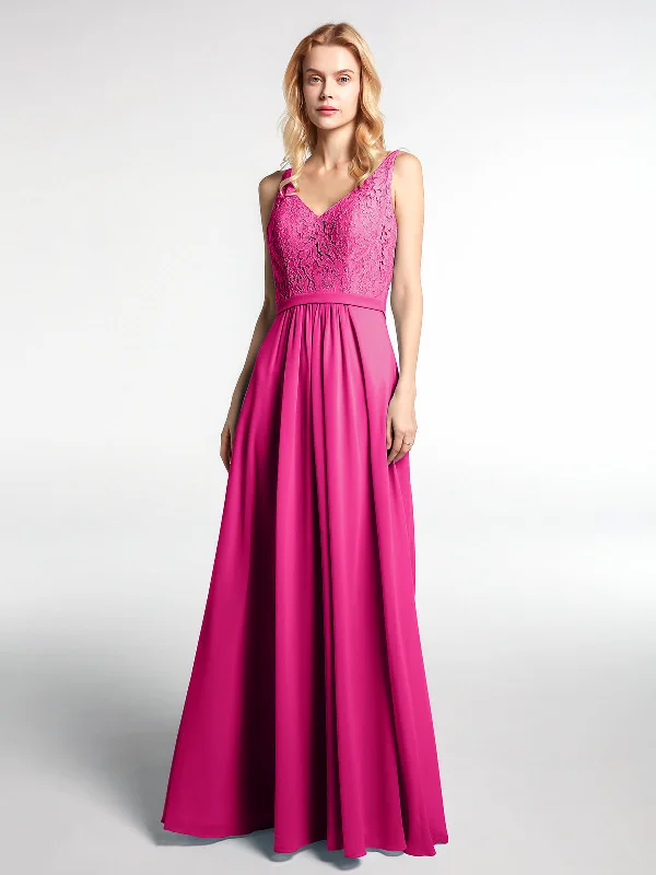Lace Bodice Chiffon Skirt Maxi Dress with V-neck-Fuchsia Trendy Fit-and-Flare Maxi Dress Lace Bodice Chiffon Skirt Maxi Dress with V-neck-Fuchsia Trendy Fit-and-Flare Maxi Dress