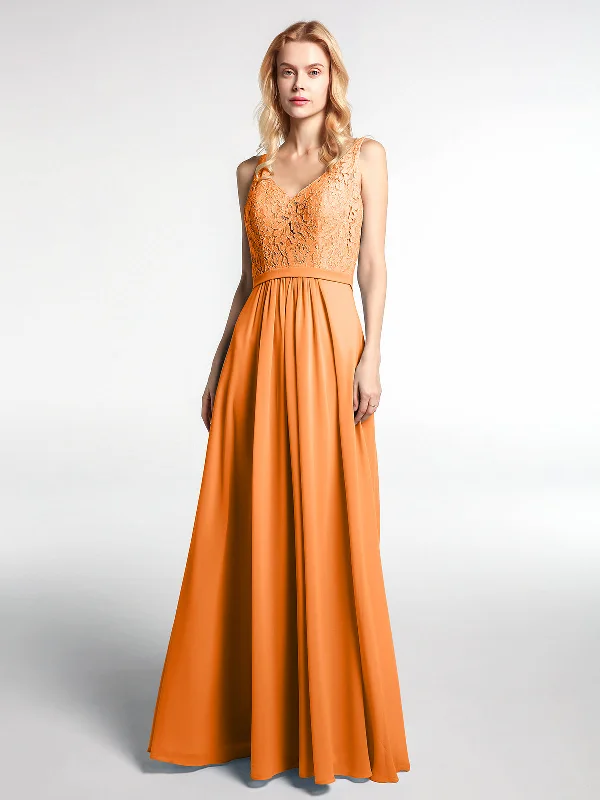 Lace Bodice Chiffon Skirt Maxi Dress with V-neck-Orange Elegant Maxi Dress with Lace Lace Bodice Chiffon Skirt Maxi Dress with V-neck-Orange Elegant Maxi Dress with Lace