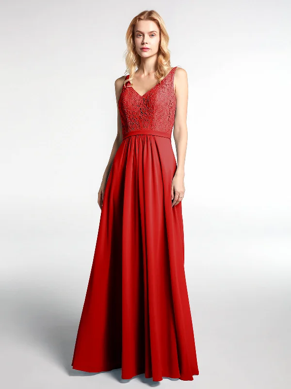 Lace Bodice Chiffon Skirt Maxi Dress with V-neck-Red Stylish Empire Waist Maxi Dress Lace Bodice Chiffon Skirt Maxi Dress with V-neck-Red Stylish Empire Waist Maxi Dress