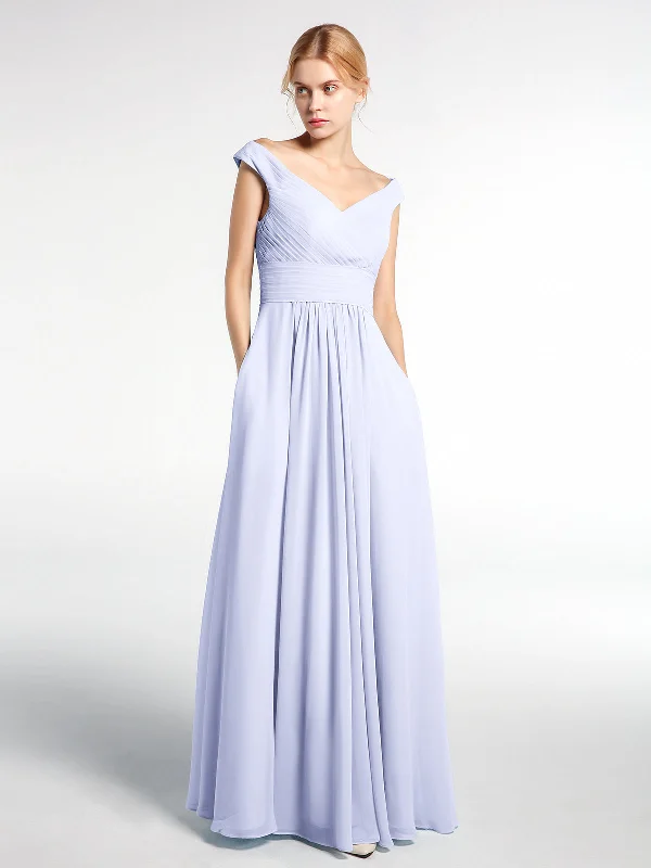 Off shoulder V-neck Maxi Dress with Pockets-Lavender Stylish Pleated A-Line Maxi Dress Off shoulder V-neck Maxi Dress with Pockets-Lavender Stylish Pleated A-Line Maxi Dress