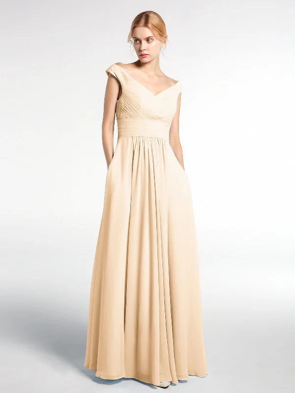 Off shoulder V-neck Maxi Dress with Pockets-Peach Comfortable Fitted Maxi Dress
