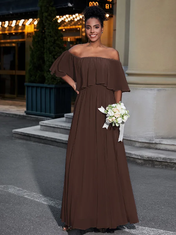Off the Shoulder Ruffles Chiffon Maxi Dress-Chocolate Stylish One-Shoulder Maxi Dress Off the Shoulder Ruffles Chiffon Maxi Dress-Chocolate Stylish One-Shoulder Maxi Dress