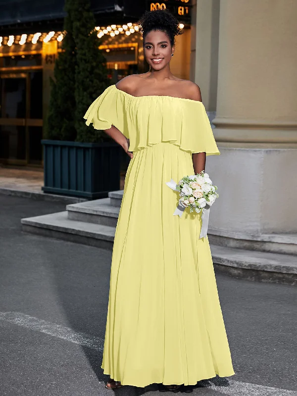 Off the Shoulder Ruffles Chiffon Maxi Dress-Daffodil Comfortable Ruffle Hem Maxi Dress Off the Shoulder Ruffles Chiffon Maxi Dress-Daffodil Comfortable Ruffle Hem Maxi Dress