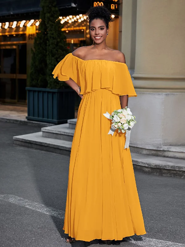 Off the Shoulder Ruffles Chiffon Maxi Dress-Tangerine Stylish Maxi Dress with Pleats Off the Shoulder Ruffles Chiffon Maxi Dress-Tangerine Stylish Maxi Dress with Pleats