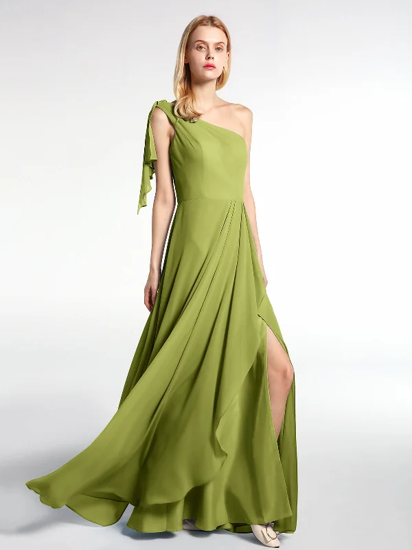 One Shoulder Chiffon Maxi Dress with Cascade-Clover Comfortable Maxi Dress with Sleeves One Shoulder Chiffon Maxi Dress with Cascade-Clover Comfortable Maxi Dress with Sleeves