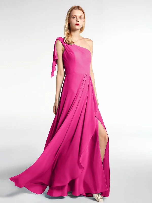 One Shoulder Chiffon Maxi Dress with Cascade-Fuchsia Trendy Off-Shoulder Ruffle Maxi Dress One Shoulder Chiffon Maxi Dress with Cascade-Fuchsia Trendy Off-Shoulder Ruffle Maxi Dress