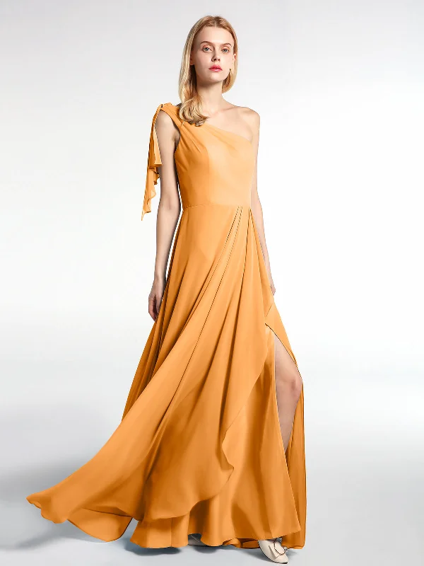 One Shoulder Chiffon Maxi Dress with Cascade-Tangerine Fashionable Faux Wrap Maxi Dress One Shoulder Chiffon Maxi Dress with Cascade-Tangerine Fashionable Faux Wrap Maxi Dress