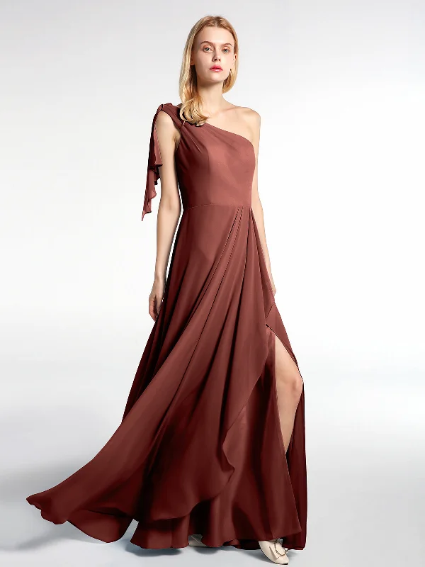 One Shoulder Chiffon Maxi Dress with Cascade-Terracotta Elegant Maxi Dress with Ruffles One Shoulder Chiffon Maxi Dress with Cascade-Terracotta Elegant Maxi Dress with Ruffles