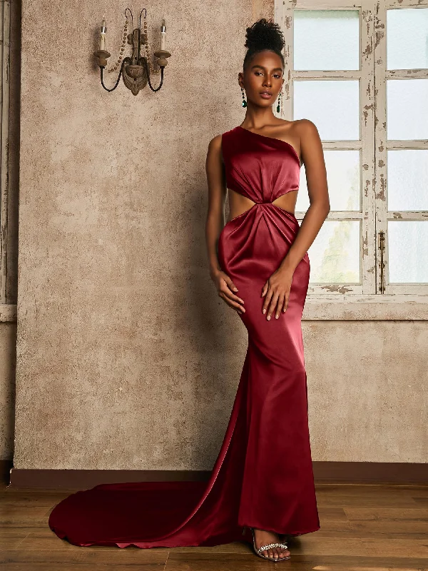 One Shoulder Ruched Waist Cut-Out Maxi Dress Burgundy Comfortable Pleated Maxi Dress One Shoulder Ruched Waist Cut-Out Maxi Dress Burgundy Comfortable Pleated Maxi Dress