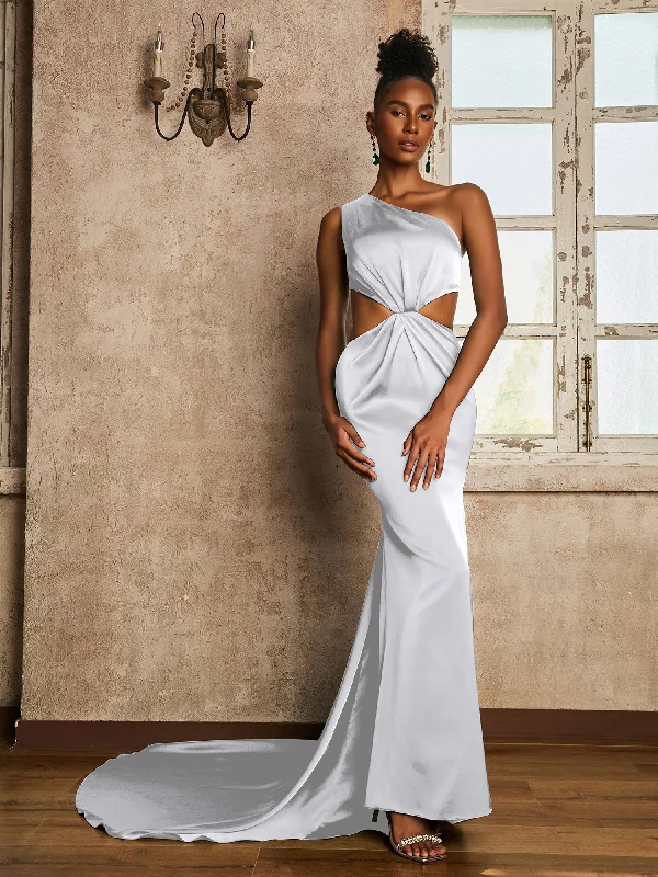 One Shoulder Ruched Waist Cut-Out Maxi Dress White Elegant Velvet Maxi Dress