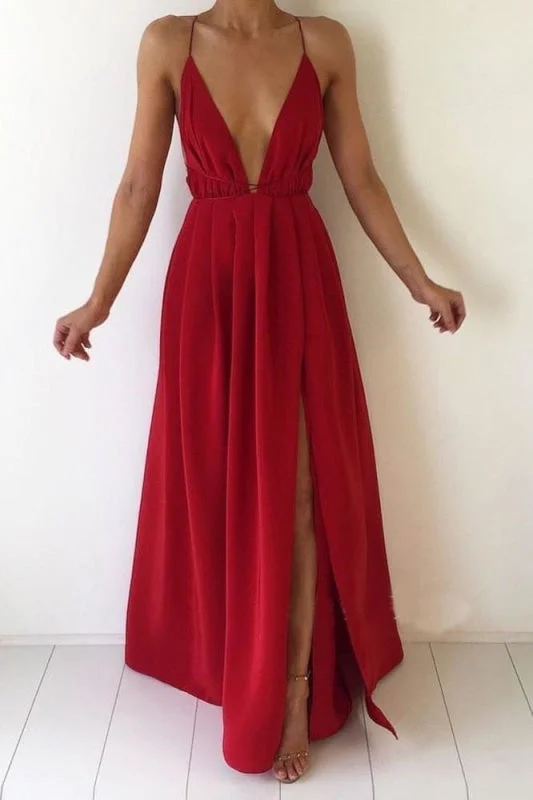 Red Deep V-neck Chiffon Backless Prom with Slit Sexy Evening Dresses Maxi Dress Classic Solid Maxi Dress Red Deep V-neck Chiffon Backless Prom with Slit Sexy Evening Dresses Maxi Dress Classic Solid Maxi Dress