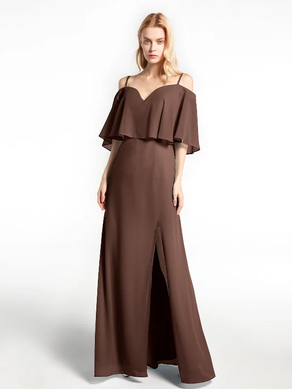 Ruffled Cold Shoulder Maxi Dress with Flounce Overlay Chocolate Cozy Spaghetti Strap Maxi Dress Ruffled Cold Shoulder Maxi Dress with Flounce Overlay Chocolate Cozy Spaghetti Strap Maxi Dress