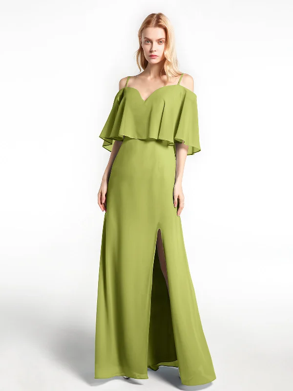 Ruffled Cold Shoulder Maxi Dress with Flounce Overlay Clover Fashionable Sheer Maxi Dress Ruffled Cold Shoulder Maxi Dress with Flounce Overlay Clover Fashionable Sheer Maxi Dress