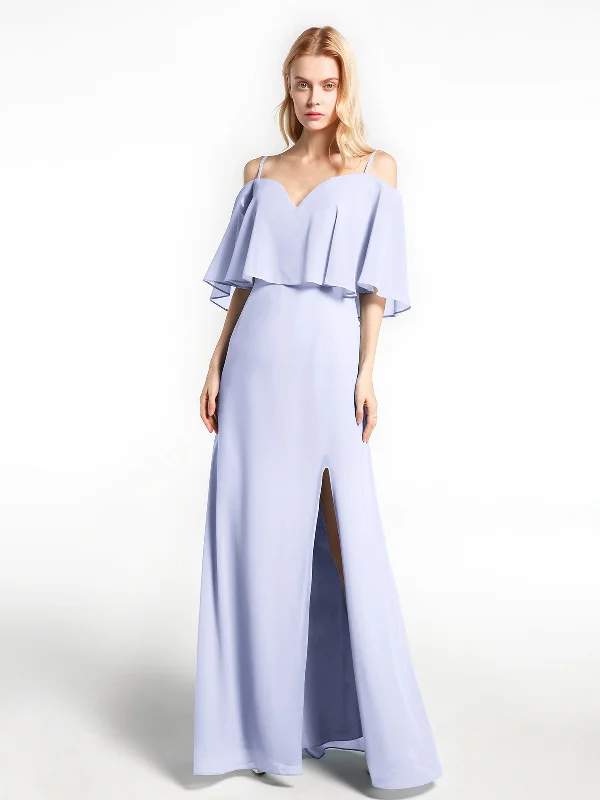 Ruffled Cold Shoulder Maxi Dress with Flounce Overlay Lavender Trendy Fit-and-Flare Maxi Dress Ruffled Cold Shoulder Maxi Dress with Flounce Overlay Lavender Trendy Fit-and-Flare Maxi Dress