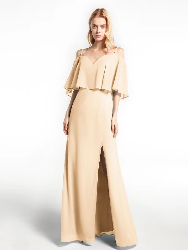 Ruffled Cold Shoulder Maxi Dress with Flounce Overlay Peach Cozy Spaghetti Strap Maxi Dress Ruffled Cold Shoulder Maxi Dress with Flounce Overlay Peach Cozy Spaghetti Strap Maxi Dress