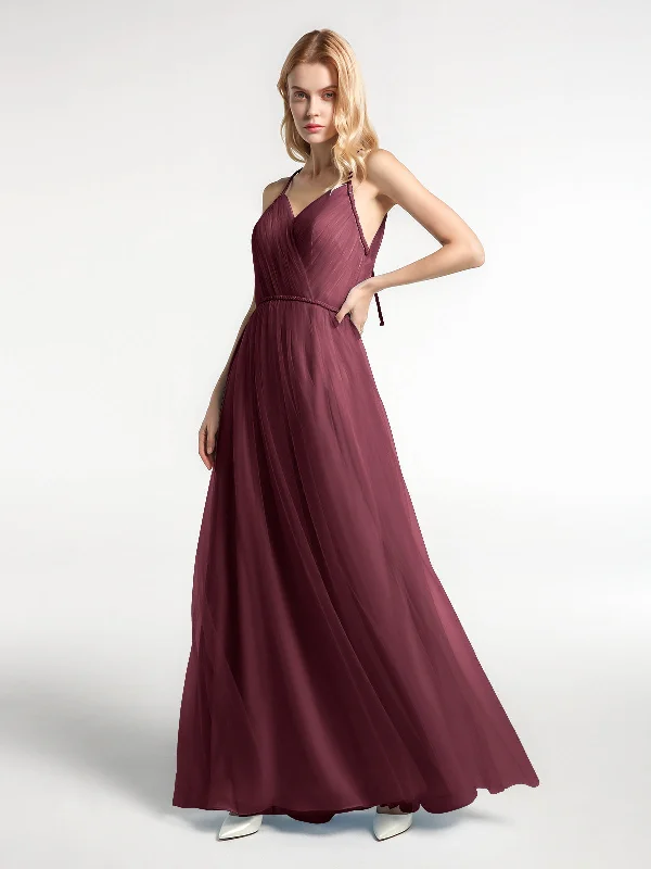 Twist Straps Tulle Maxi Dress with V Neckline Cabernet Comfortable Fit-and-Flare Maxi Dress Twist Straps Tulle Maxi Dress with V Neckline Cabernet Comfortable Fit-and-Flare Maxi Dress