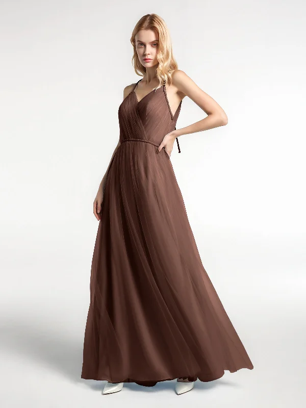 Twist Straps Tulle Maxi Dress with V Neckline Chocolate Elegant Wraparound Maxi Dress Twist Straps Tulle Maxi Dress with V Neckline Chocolate Elegant Wraparound Maxi Dress