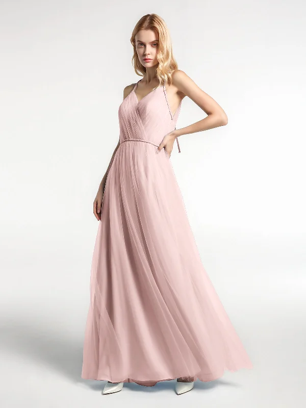 Twist Straps Tulle Maxi Dress with V Neckline Dusty Rose Comfortable Pleated Maxi Dress Twist Straps Tulle Maxi Dress with V Neckline Dusty Rose Comfortable Pleated Maxi Dress
