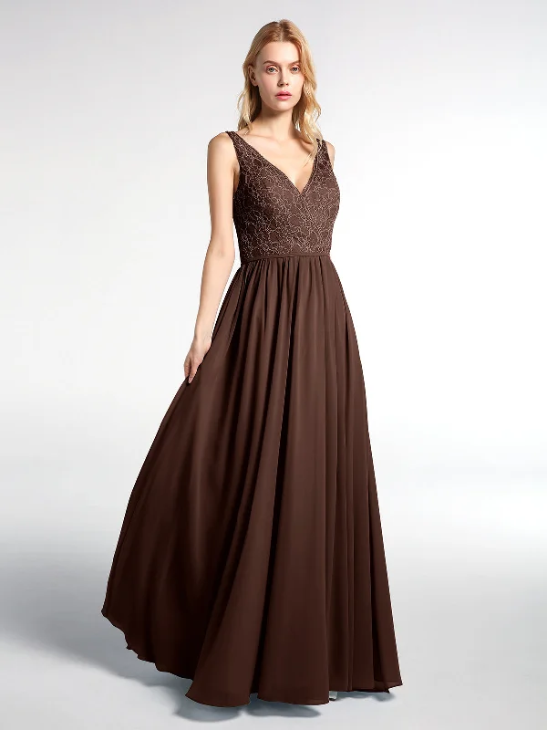 V-neck Lace Top Chiffon Skirt Maxi Dress-Chocolate Trendy Short Sleeve Maxi Dress