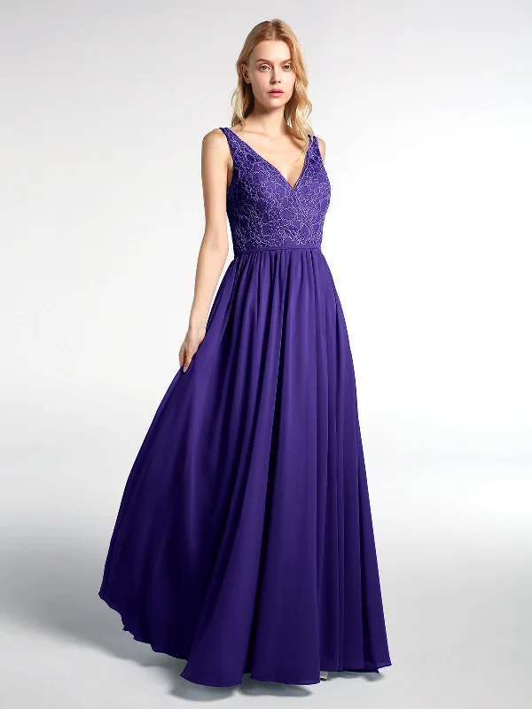 V-neck Lace Top Chiffon Skirt Maxi Dress-Regency Comfortable Maxi Dress with Slits