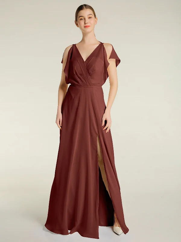 V Neckline Chiffon Maxi Dresses with Slit Terracotta Stylish Off-Shoulder Maxi Dress V Neckline Chiffon Maxi Dresses with Slit Terracotta Stylish Off-Shoulder Maxi Dress