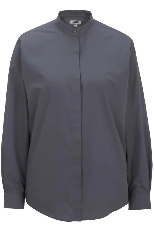 Ladies' Dark Grey Banded Collar Broadcloth Shirt Front Pockets Side Pockets Patch Pockets Ladies' Dark Grey Banded Collar Broadcloth Shirt Front Pockets Side Pockets Patch Pockets