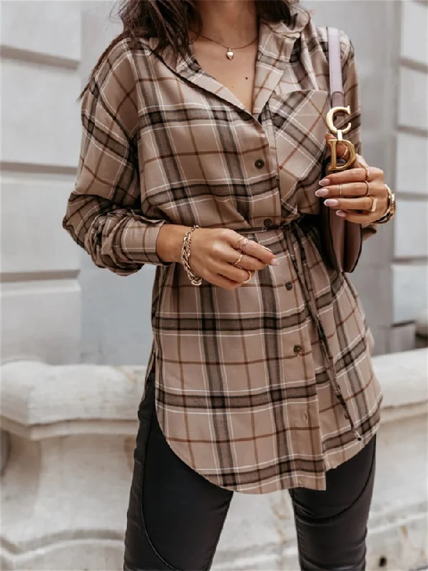 hoombox Long-sleeved Long A-line Fashion Plaid Ladies Shirt Fashionable Trendy Casual hoombox Long-sleeved Long A-line Fashion Plaid Ladies Shirt Fashionable Trendy Casual
